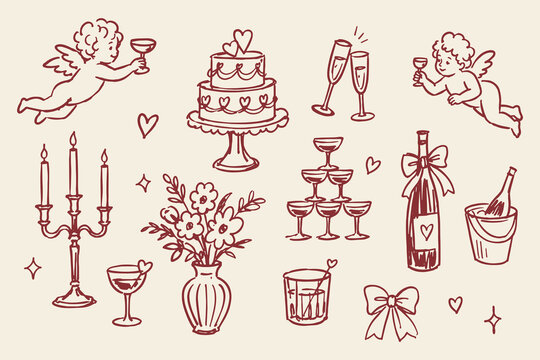 Wedding Celebration Cupid Red Ink Sketch Set Vector