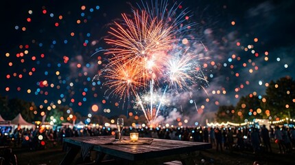 Obraz premium Spectacular fireworks burst over a festive crowd at night, with a champagne glass and candle on a picnic table, celebrating a special event.