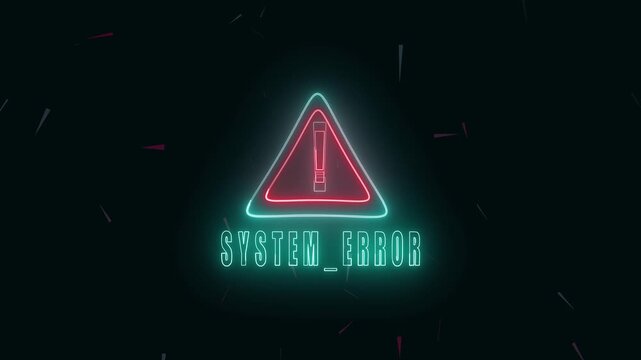 Digital alert message with neon system error warning sign animation and broadcast motion graphics loop. Animated alert digital error message with neon warning triangle and exclamation mark.