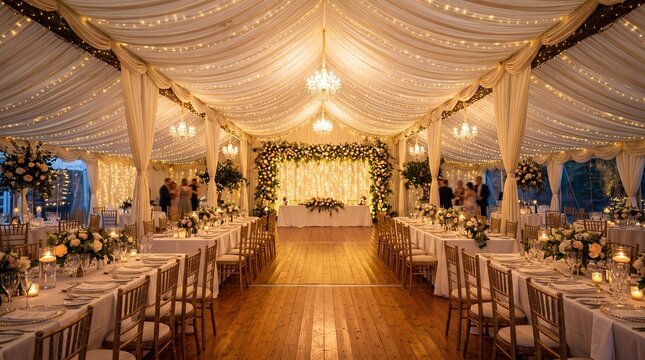 A beautifully decorated wedding reception with elegant lighting and floral arrangements.
