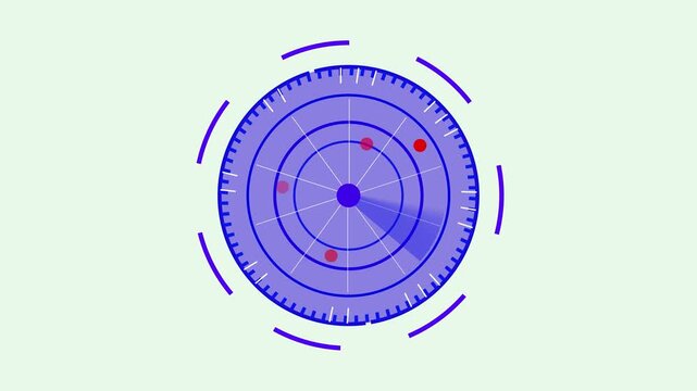 Tech interface radar animation. Rotating blips and signals in blue and purple seamless background. Abstract digital radar screen. Seamless loop animation with blips, signals, and tracking visuals.
