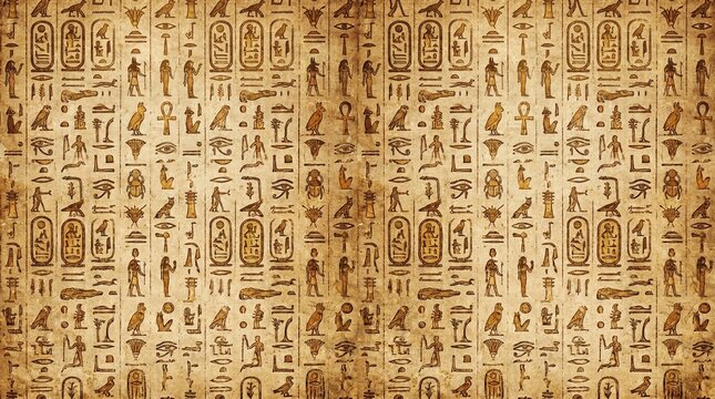 Ancient egyptian hieroglyphics on a stone temple wall, perfect for history textbooks, travel brochures, educational websites, and cultural presentations.