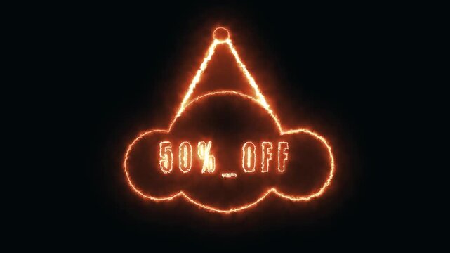 Hot deal sale animation with burning energy and fiery 50 percent off neon sign in seamless loop. Marketing video animation with fiery neon discount sign and looping burning energy effects.