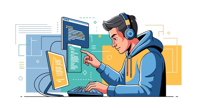 Young programmer in headphones works on laptop amidst code displays, bright colors