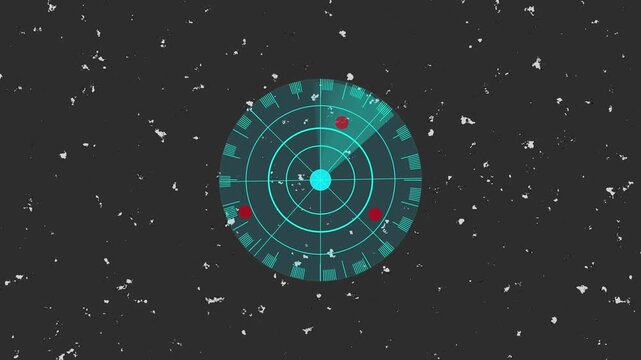 Animated hud radar screen with teal glowing interface for tracking targets and futuristic monitoring. Futuristic technology interface with animated radar screen tracking targets.