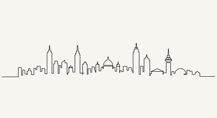 Fototapeta premium Minimalist Cityscape Skyline Drawing, Modern Architecture, Urban Landscape, Single Line Art