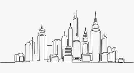 Fototapeta premium Minimalist continuous line drawing of a modern city skyline with skyscrapers