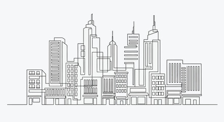 Obraz premium Minimalist Line Art Cityscape: Modern Buildings and Skyscrapers in Continuous Drawing