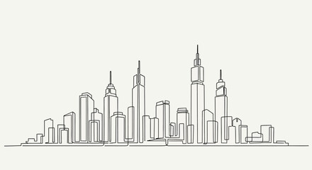 Fototapeta premium Minimalist continuous line drawing of a modern city skyline with skyscrapers
