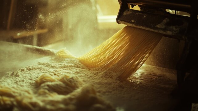 Fresh pasta strands extruding from a machine, coated in flour.