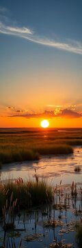 Golden sun sets over Virginia coast salt marsh, a tidal wonderland of life,  serene,  natural landscape