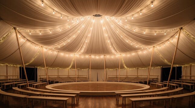 Captivating view inside circus tent with garlands magical concept. A beautifully lit event space with a spacious wooden floor and elegant drapery.