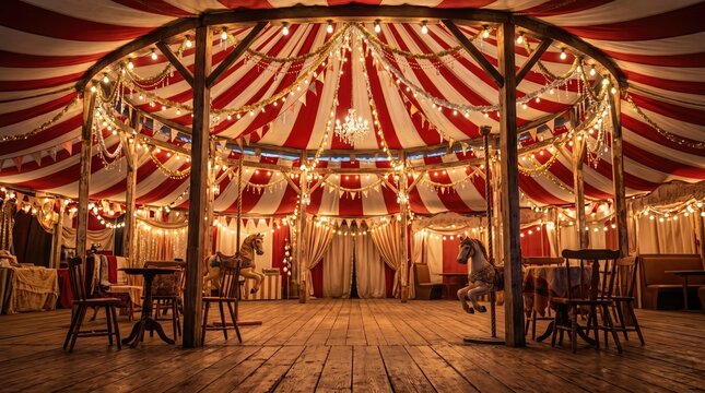 Captivating view inside circus tent with garlands magical concept. A beautifully lit vintage circus tent with colorful stripes and wooden details.