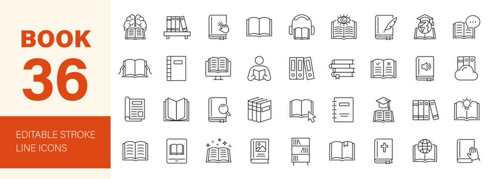 Book icon set. Editable line icons. Vector illustration.