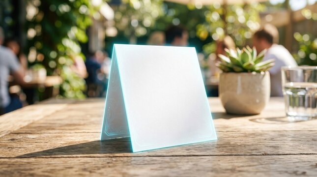 Blank triangular table tent on smooth surface in sunlit room concept. A blank sign on a wooden table in a cozy outdoor setting.