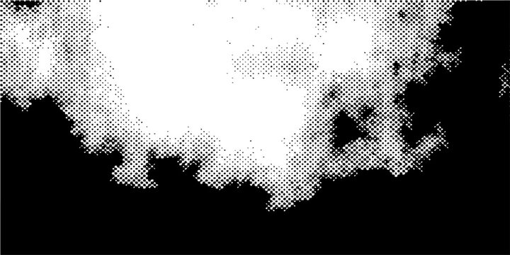 Halftone cloud texture vector, black and white distressed dot pattern background, vintage comic style gradient overlay for graphic design