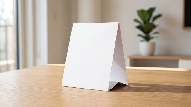 A blank table tent card on a wooden table in a bright environment.