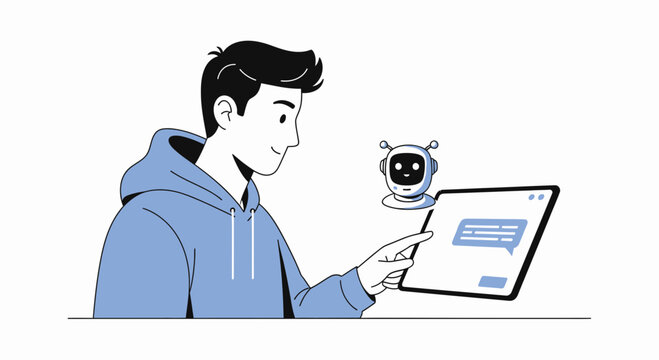 Young man interacts with chatbot on tablet, AI assistant helps with communication
