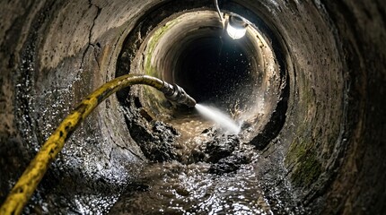 Fototapeta premium A close-up of a sewer pipe with water flowing and a light illuminating the interior.