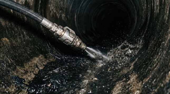 Maintenance severed main sewer pipe hydro jet cleaning concept. A close-up of a hose spraying water into a dark, industrial drain.