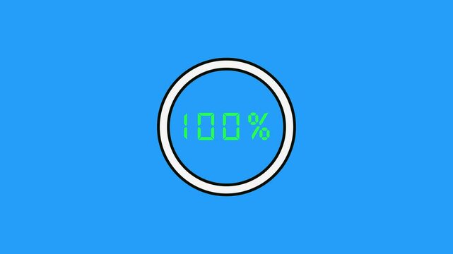 Animated progress circle 91 percent complete digital meter gauge loading animation blue background green. Loading circle animation 91 percent complete digital progress bar meter interface.
