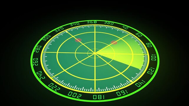 Green yellow radar screen animation digital interface futuristic H U D display sci fi monitoring detection surveillance seamless loop. Animated green yellow radar screen technology.