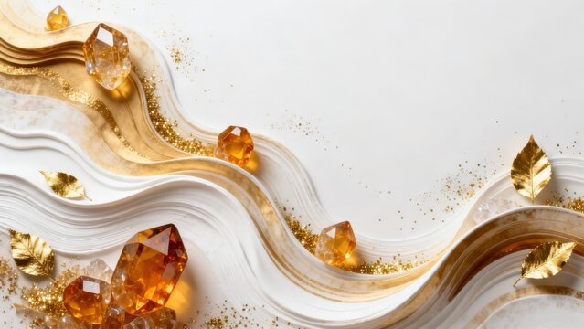 Golden crystals and leaves on wavy surface