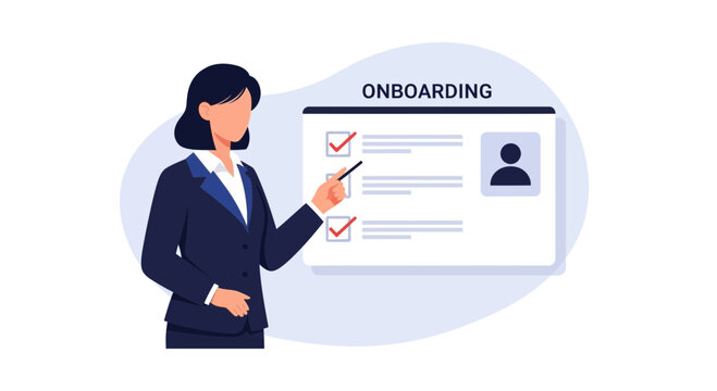 Businesswoman pointing at onboarding checklist on screen, new employee training