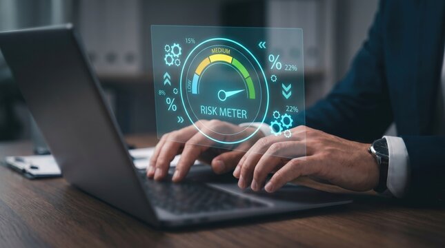 Business Risk Management and Financial Assessment Concept: Hands on Laptop with Holographic Risk Meter Gauge, Data Points, and Percentage Icons