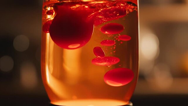 A glass of fizzy red drink with bubbles.
