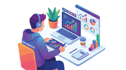 Naklejka premium Isometric illustration of a data analyst working on a computer.