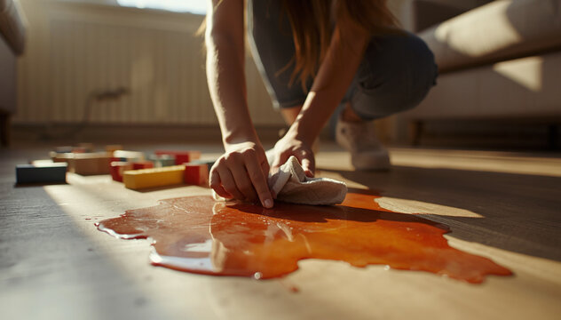 Young mother body crouching while wiping spilled juice from floor using cloth by hand, scattered toy blocks nearby, no face visible, cropped composition, realistic living room environment
