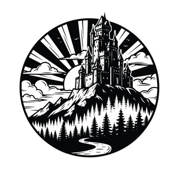 Black and white castle on hill.