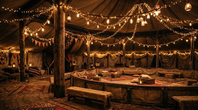 Captivating view inside circus tent with garlands magical concept. A cozy tent interior decorated with warm lights and rustic wooden features.