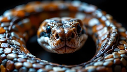 Fototapeta premium A close up image of a coiled snake showcasing its detailed head and textured scales