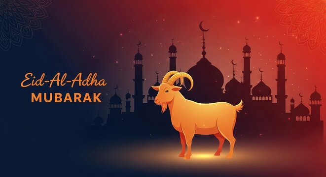 Eid al Adha Mubarak banner with golden goat silhouette and mosque on red and blue background