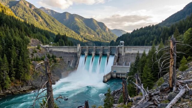 Hydroelectric dam releasing water from reservoir, renewable energy concept, 4K video