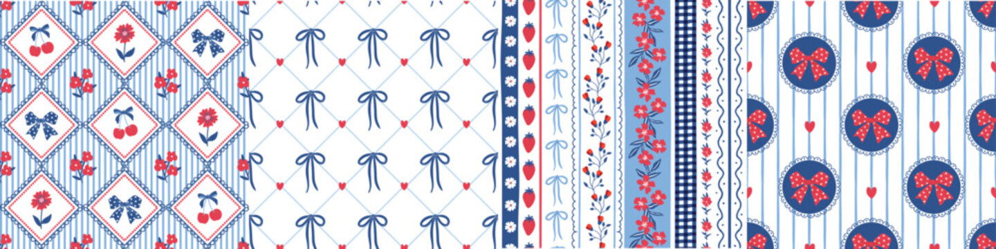 Coquette Floral Seamless Pattern Set with Vintage Bows, Cherries and Stripe Backgrounds in red blue white. America patriotic pattern, Independence day decoration, Fabric, wallpaper, packaging, banner.