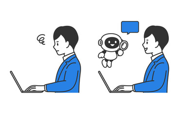 Fototapeta premium AI･チャットボットで調査を効率化するビジネスパーソン男性のセット【人物ベクターイラスト素材】