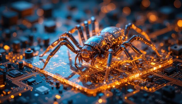 robotic spider crawling across a glowing glass motherboard, microscopic circuit reflections visible beneath transparent surfaces,