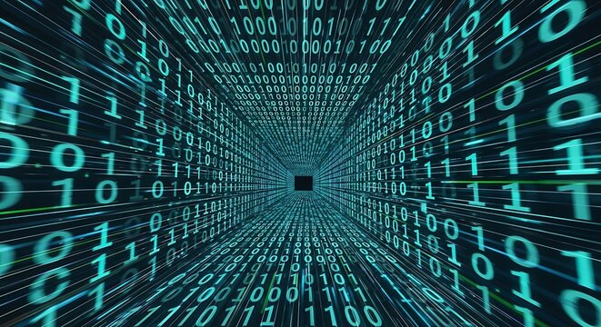 Abstract digital tunnel with binary code data visualization