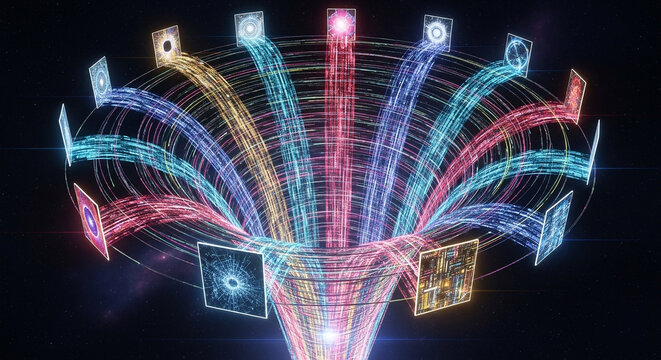 Abstract representation of digital data flowing and transforming into a central network hub with colorful streams of light, abstract background