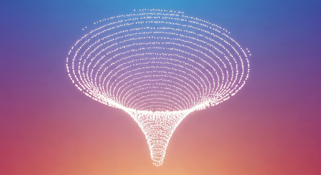 Glowing particle vortex funnel with digital data streams against a gradient background abstract art energy flow particles abstract gradient