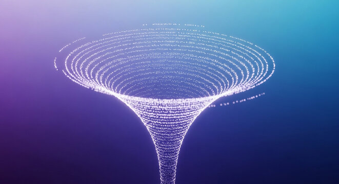 Abstract swirling funnel made of glowing particles against a dark blue and purple gradient background with digital art, swirling pattern