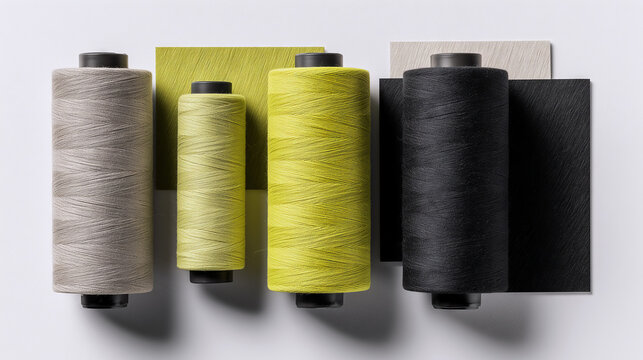 Yellow and black sewing thread spools with fabric swatches