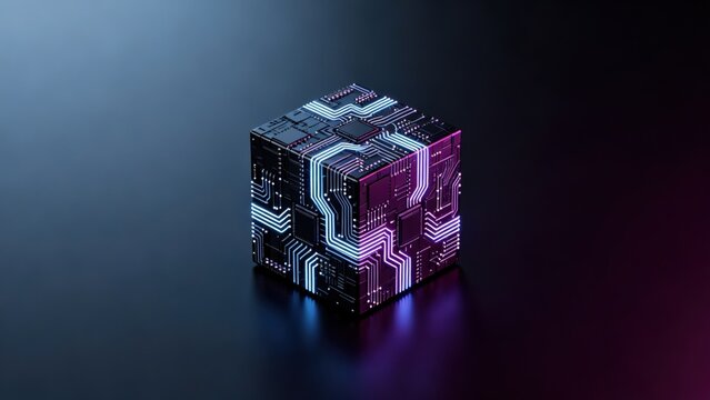 Cube with glowing circuit patterns