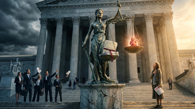 Justice Statue with Unbalanced Scales Weighing Legal Documents Against Glowing Heart Outside Courthouse &mdash; Justice vs Compassion Concept