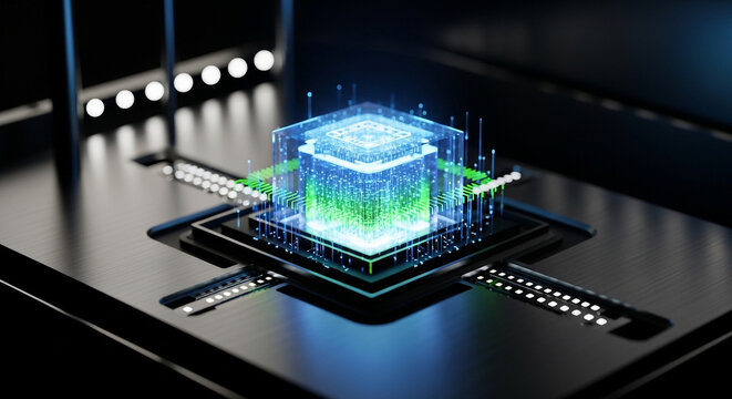 Advanced glowing processor emitting green and blue light streams representing data transfer processor microchip computer technology