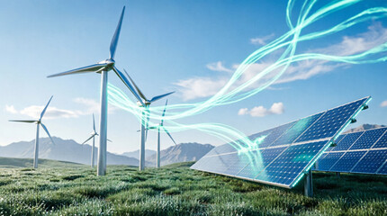 Sustainable energy concept featuring wind turbines and solar panels with digital light trails representing green technology innovation and future power grid. © Simeon