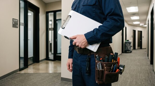 Maintenance worker holding clipboard in office corridor